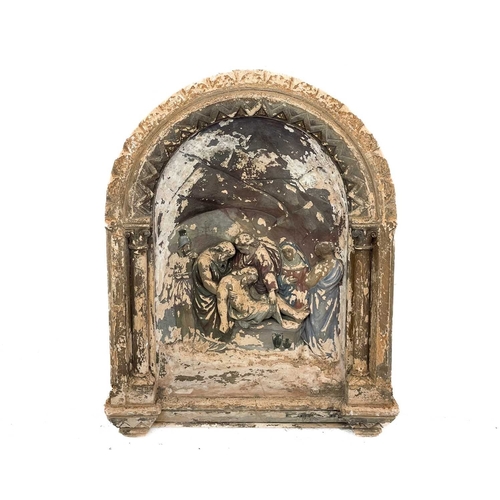 54 - A Group of six cast plaster plaques from The Stations of The Cross. With arched tops and column side... 