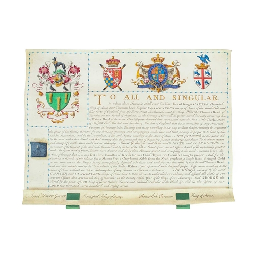 70 - Cornish interest; A George III sealed grant of Arms and a contemporary gilt seal. Granting Thomas Re... 