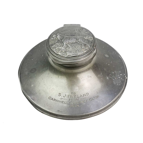 90 - A Wearne & Son Cornish tin capstan inkwell. Local interest, inscribed 'To S.J. Ireland from Carnhell... 