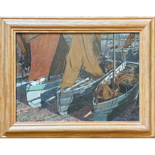 1007 - Frederick ROBERTS JOHNSON (1900-1986) Boats At Rest Oil on board, signed, 26cm x 36cm, 35cm x 45cm f... 