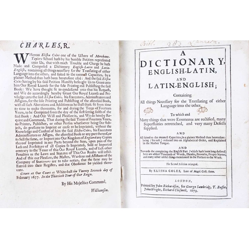 173 - Elisha Coles A Dictionary, English-Latin and Latin-English Second enlarged edition, a very tidy rebi... 