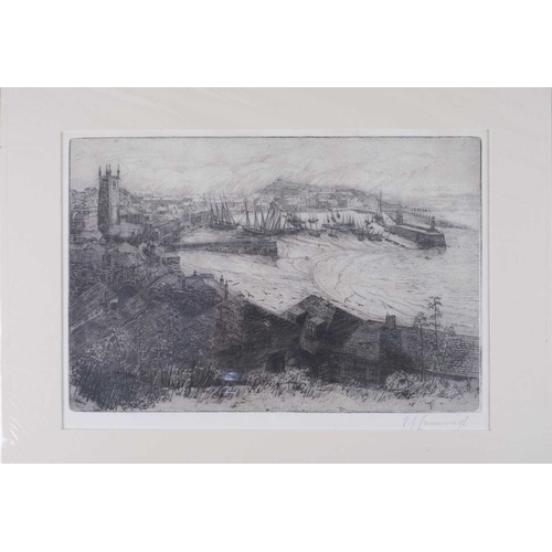 236A - St .Ives Etching Indistinctly signed ...?.... Munnings Showing a view towards the harbour, 21cm x 30... 