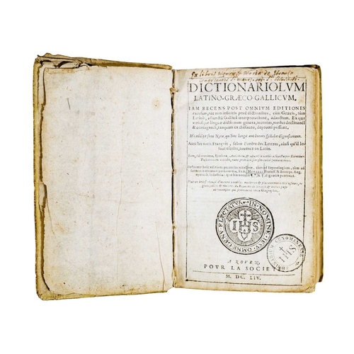 481 - Dictionariolum Latino-Graeco Gallicum Full velum, ink stamp to title page, good, Pour La Societe, Ro... 