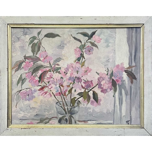 1009 - Frederick ROBERTS JOHNSON (1900-1986) Pink Flowers in a Vase Oil on board, initialled, 43cm x 58cm, ... 