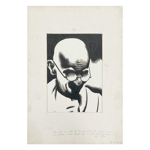 1012 - Arthur WRAGG (1903-1976) Gandhi Pen and ink on board, graphite inscription, 21.5cm x 15cm, 38cm x 27... 