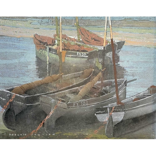 1078 - Frederick ROBERTS JOHNSON (1900-1986) Cornish Fishing Boats at Rest MIxed media on card, signed, ima... 