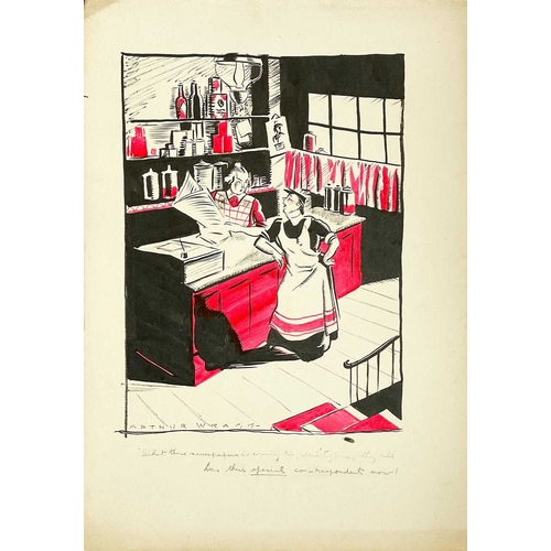 1082 - Arthur WRAGG (1903-1976) What These Newspapers Is Coming To Watercolour and ink, signed, inscribed '... 