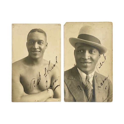 113 - (Boxing) Larry Gains Two signed photographic postcards One showing Gains in suit and hat signed 'All... 