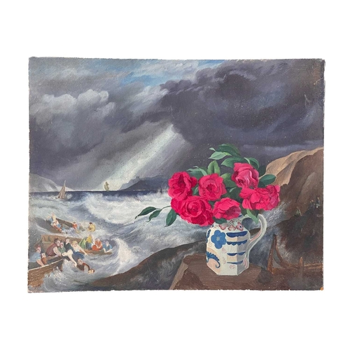 1160 - Frederick ROBERTS JOHNSON (1900-1986) Floral study with stormy seas behind Oil on board, 61cm x 76cm... 