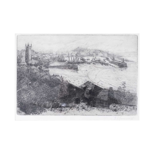 236A - St .Ives Etching Indistinctly signed ...?.... Munnings Showing a view towards the harbour, 21cm x 30... 