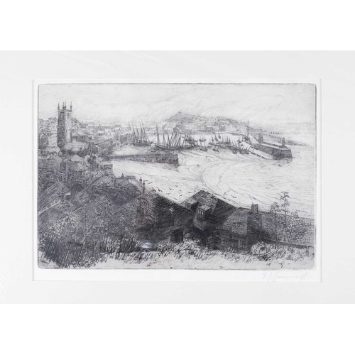 236A - St .Ives Etching Indistinctly signed ...?.... Munnings Showing a view towards the harbour, 21cm x 30... 