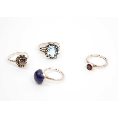 285 - A selection of silver rings. Including Blue John Cabochon with marcasites cluster ring, size N1/2, a... 