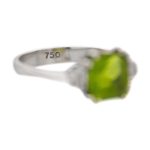 100 - A square emerald-cut peridot and diamond 18k white gold ring. The vivid green peridot is 7mm x 7mm a... 