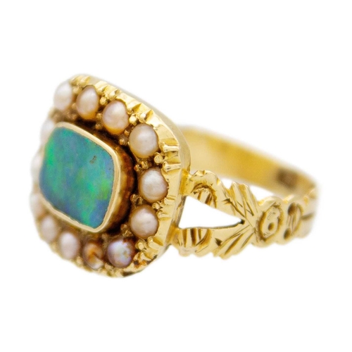 104 - An early 19th-century mourning ring with an opal replacement. The rectangular shape opal cabochon is... 