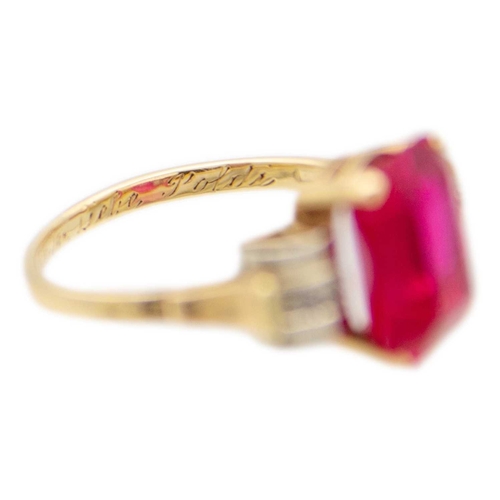 117 - An Austrian vintage 14k synthetic ruby and diamond ring. Of an original design, the rectangular-shap... 