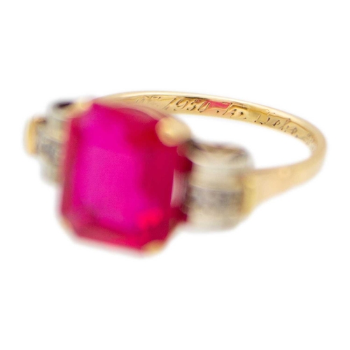 117 - An Austrian vintage 14k synthetic ruby and diamond ring. Of an original design, the rectangular-shap... 