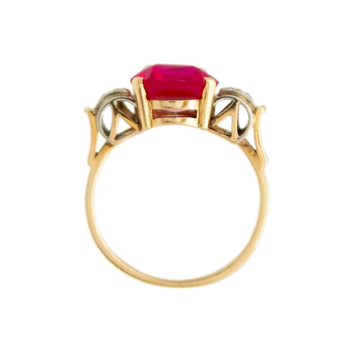 117 - An Austrian vintage 14k synthetic ruby and diamond ring. Of an original design, the rectangular-shap... 