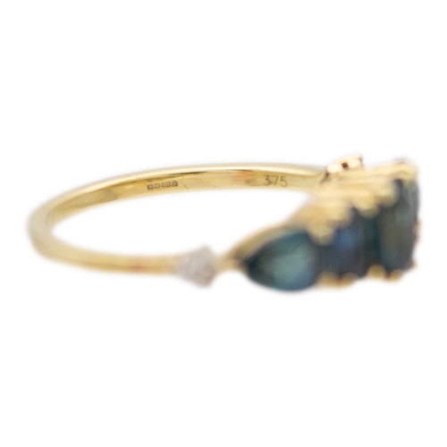 118 - A 9k gold Australian teal sapphire and diamond ring. The sapphires of an oval and pear shape mixed-c... 