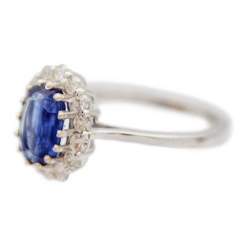 133 - An 18K white gold oval blue kyanite and diamond halo ring. Kyanite, 1.77ct, is surrounded by fourtee... 