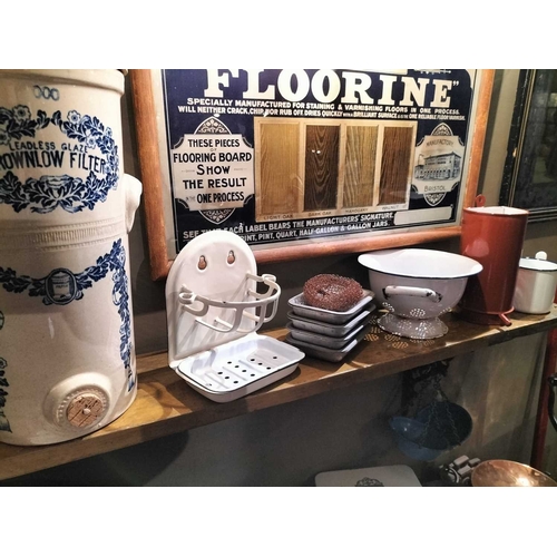 108 - ± Clemence's Ironmongers Enamel wares etc A shelf of enamel wares including soap stand,seive,oil jar... 