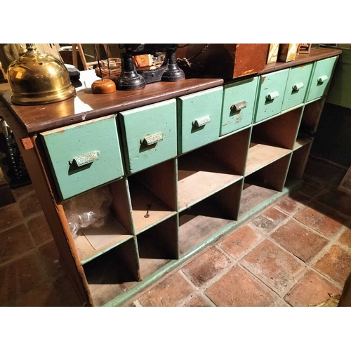 147 - ± Clemence's Ironmongers Shop counter A pine shop counter fitted at back with drawers and shelving 8... 