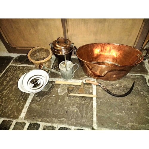 156 - ± Clemence's Ironmongers Copper wash bowl, tools ,copper covered pail ,watering can etc A good and l... 