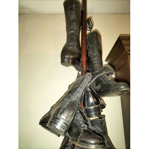 177 - ± Public Benefit Boot Company Six pairs of Victorian and later boots Hanging from a display wood and... 