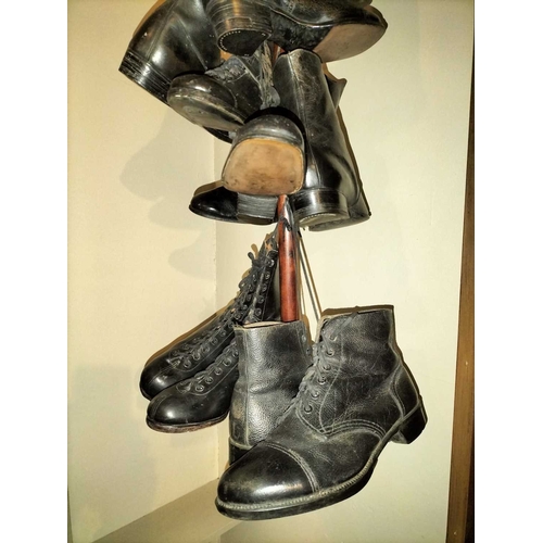 177 - ± Public Benefit Boot Company Six pairs of Victorian and later boots Hanging from a display wood and... 