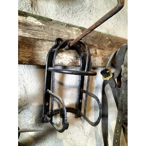 213 - ± Wiltshire & Son Blacksmiths Leather horse tack etc An iron bridle rack by Cottam and Co of Winsley... 