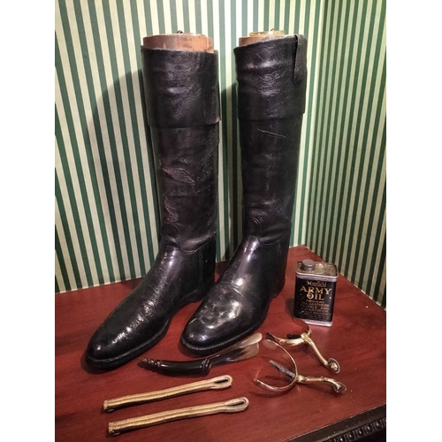 247 - ± Lewis & Bull Military Tailors Militaria Black leather officer's boots with wooden stretchers toget... 