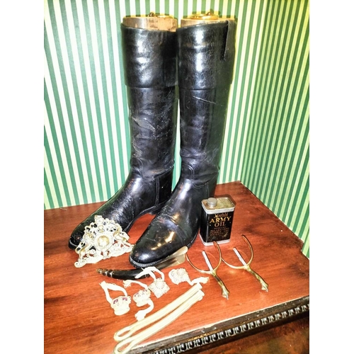 247 - ± Lewis & Bull Military Tailors Militaria Black leather officer's boots with wooden stretchers toget... 