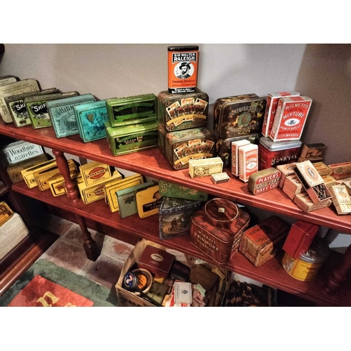 264 - ± M King Tobacconist Tobacco and Cigarette Tins, Pipe Bowls etc Two shelves of Tobacco and Cigarette... 