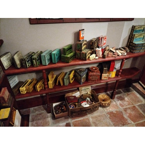 264 - ± M King Tobacconist Tobacco and Cigarette Tins, Pipe Bowls etc Two shelves of Tobacco and Cigarette... 