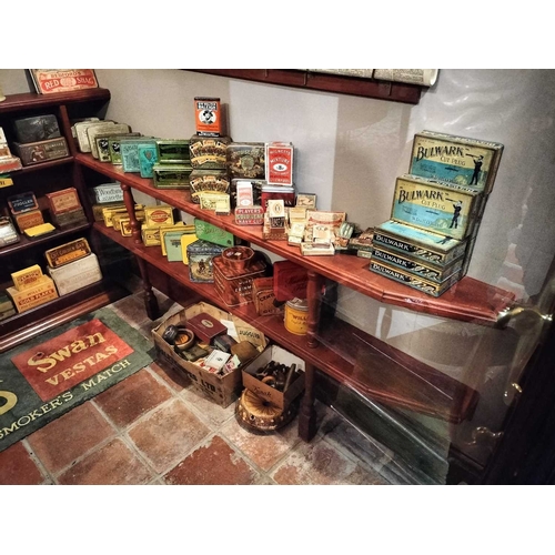 264 - ± M King Tobacconist Tobacco and Cigarette Tins, Pipe Bowls etc Two shelves of Tobacco and Cigarette... 