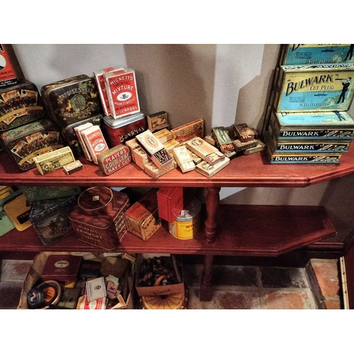 264 - ± M King Tobacconist Tobacco and Cigarette Tins, Pipe Bowls etc Two shelves of Tobacco and Cigarette... 