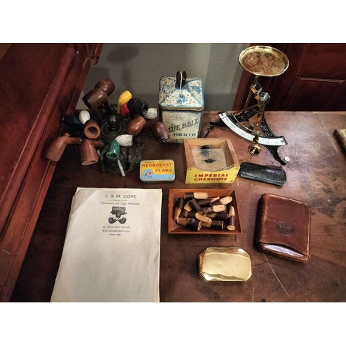 278 - ± M King Tobacconist A Collection Including,scales,pipes,brass tobacco box,tins,ephemera,BDV adverti... 