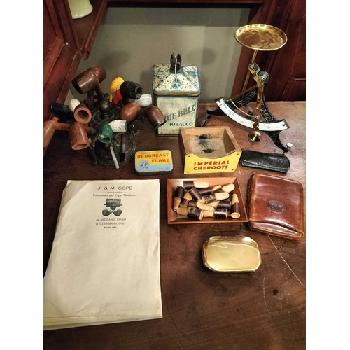 278 - ± M King Tobacconist A Collection Including,scales,pipes,brass tobacco box,tins,ephemera,BDV adverti... 