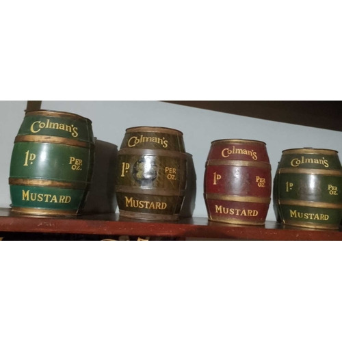 316 - ± Birch, Birch & Co Grocers Colman’s Mustard Barrels Tin-plate one repainted ‘1D Per Oz’, H 23cm - T... 