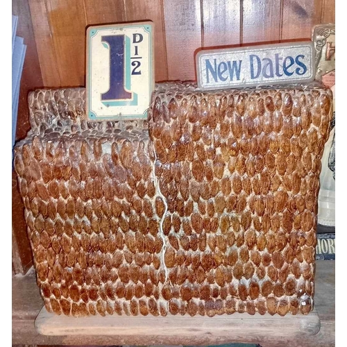 337 - ± Birch, Birch & Co Grocers Dates A block of dates WxHxD 46x38x17cm with two metal signs giving the ... 