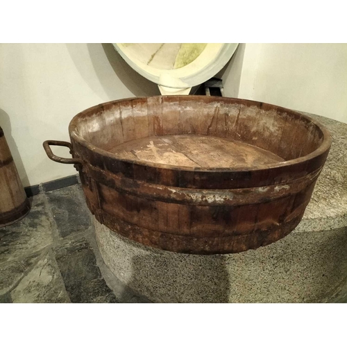 87 - ± Plaister’s Dairy Dairy Pan A Victorian staved oak pan with strap handles 56.5cm diameter and a met... 