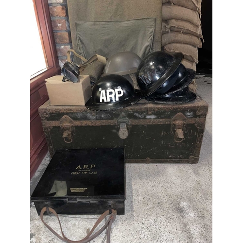 1000 - ± Britain in the Blitz WWII Brodie Helmets, Stretcher & Military Trunk, etc 2 WWII steel Brodie helm... 