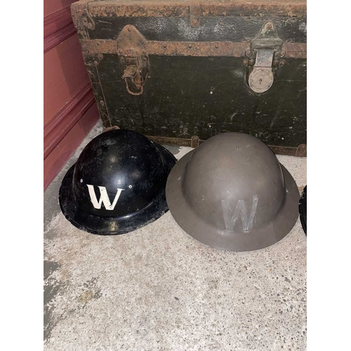 1000 - ± Britain in the Blitz WWII Brodie Helmets, Stretcher & Military Trunk, etc 2 WWII steel Brodie helm... 