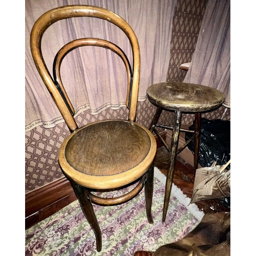 299 - ± Corsetiere Miss Penrose Furnishings A high bentwood chair, a three-legged stool, three curtain rai... 