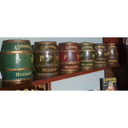 316 - ± Birch, Birch & Co Grocers Colman’s Mustard Barrels Tin-plate one repainted ‘1D Per Oz’, H 23cm - T... 