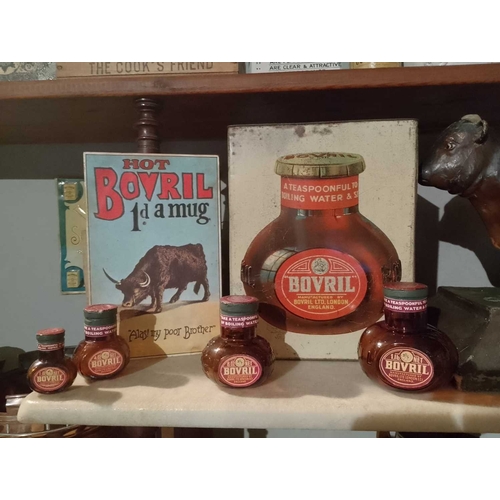 318 - ± Birch, Birch & Co Grocers Bovril advertising Including a large tin, H 32cm four glass bottles, a s... 