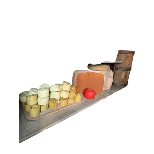 331 - ± Birch, Birch & Co Grocers Cheese and pies Two bentwood cheese boxes one other box, prop cheeses an... 