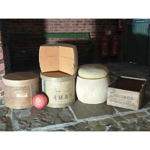 331 - ± Birch, Birch & Co Grocers Cheese and pies Two bentwood cheese boxes one other box, prop cheeses an... 