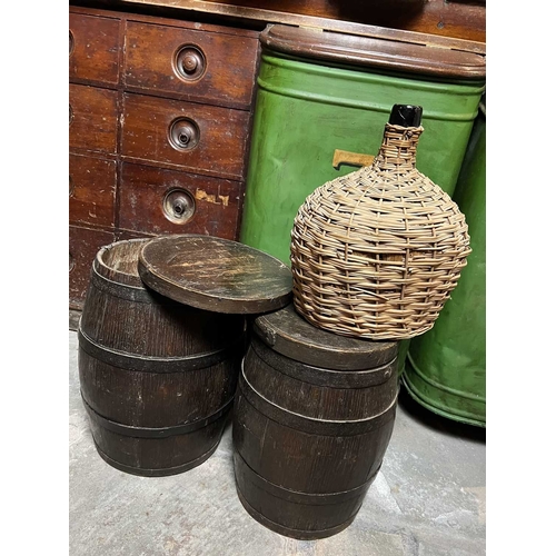 341 - ± Birch, Birch & Co Grocers Barrels and a bottle Two small barrels with iron banding and lids H 35.5... 