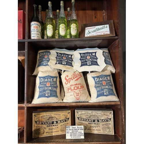 354 - ± Birch, Birch & Co Grocers Display and produce Display flour bags, giant matchboxes with matches, R... 