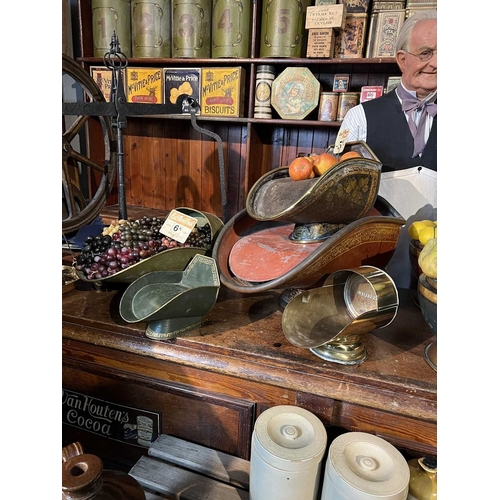 359 - ± Birch, Birch & Co Grocers Display hods Two toleware shop display hods with original decoration and... 